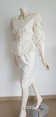 Thierry MUGLER jacket and skirt white cream suit piquet fabric Bow on the back U