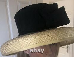 True Vintage Oversized Straw Hat With Silk Bow Beautiful Worn