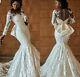 UK Sheer Neck White/Ivory Mermaid Bow Long Sleeve Lace Wedding Dresses Size 6-18