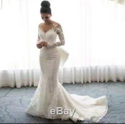 UK White Ivory Long Sleeve Bow Detachable Train Mermaid Wedding Dress Size 6-18