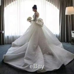 UK White Ivory Long Sleeve Bow Detachable Train Mermaid Wedding Dress Size 6-18