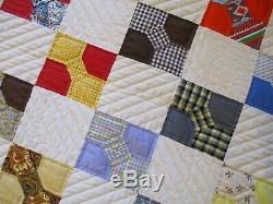 USA Made Queen Size Quilt -Bow Tie Patchwork 84 x 100 Hand Quilted