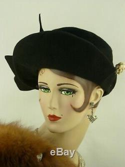 VINTAGE HAT 1940s WWII FRENCH, BLACK FELT BIG BOW DAY HAT w PIN'MAKE DO & MEND