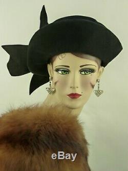 VINTAGE HAT 1940s WWII FRENCH, BLACK FELT BIG BOW DAY HAT w PIN'MAKE DO & MEND