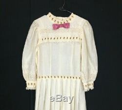 VTG Dress 1920 Drop Waist Midi Shift Pleat Eyelet Lace Embroider Bow Cream Pink