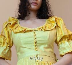 VTG yellow silk dirndl dress apron bag set Octoberfest Folk princess 10UK S