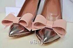 Valentino Red Leather Bow Handmade Italy Heels 37 US 6 6.5 7 Shoes Silver Pink