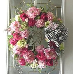 Victorian Country Cottage Chic Shabby Peony Checked Gingham Bow Wreath Door