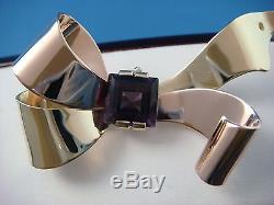 Vintage, 14k Rose & Yellow Gold 12.3 Grams, Square Amethyst Bow Design Brooch