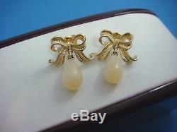 Vintage 14k Yellow Gold Bow Design Earrings With Mother Of Pearl Drops, 4.5 Grams