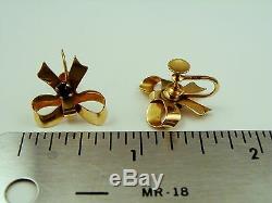 Vintage 14k Yellow Gold Emerald Ribon Bow Earrings Screw Back Old School Quality