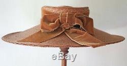 Vintage 1930's Ladies Straw Hat Velvet Band Ribbon With Bow Summer Wide Brim