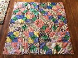 Vintage 1930s Amer. Red Cross Label Bow tie Quilt Throw 51x53 Handmade, Tied