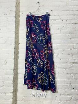 Vintage 1930s Blue Silk Ribbon Bow Novelty Print Bias Cut Long Skirt Art Deco