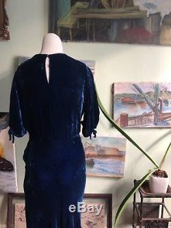 Vintage 1930s Blue Silk Velvet Evening Dress Open Bow Sleeves Keyhole Back Deco