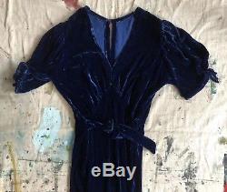 Vintage 1930s Blue Silk Velvet Evening Dress Open Bow Sleeves Keyhole Back Deco