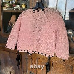 Vintage 1930s Pink Knit Wool Cardigan Sweater Black Velvet Ribbon Bows Handmade