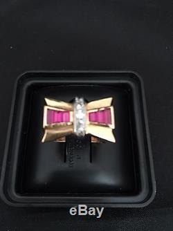 Vintage 1940'-50' Retro Diamond & Ruby Baguette 18k Rose Gold Band Ring bow-tie