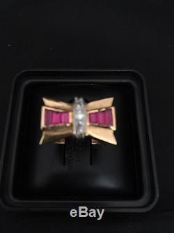 Vintage 1940'-50' Retro Diamond & Ruby Baguette 18k Rose Gold Band Ring bow-tie
