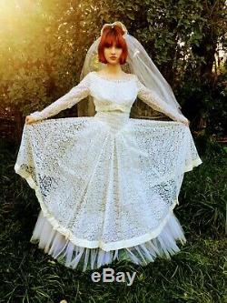 Vintage 1950s Ivory Lace Tulle Wedding Dress with Veil Bows Puffy