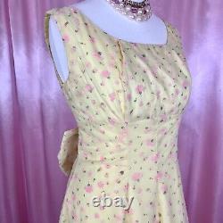 Vintage 1950s Yellow floral prom dress with statement bow, handmade, UK Size 14