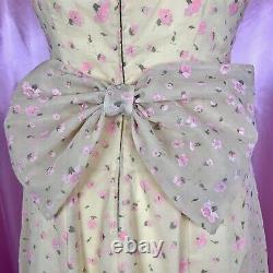 Vintage 1950s Yellow floral prom dress with statement bow, handmade, UK Size 14