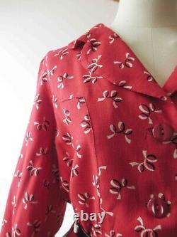 Vintage 40s Red Bow Print Linen Skirt Suit Medium Handmade