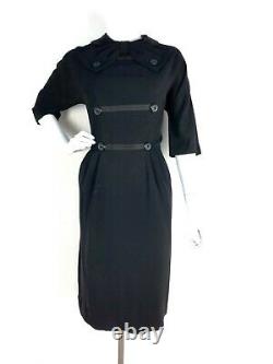 Vintage 50s 60s Spector Shanley Black Crepe Sheath Dress 3/4 Dolman Sleeve Bow
