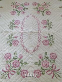 Vintage 50s Pink Floral Bows Quilt Hand Stitched Kit Twin Cotton Embroidery Rose