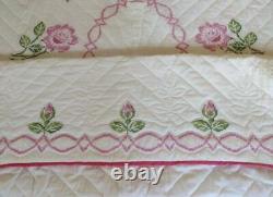 Vintage 50s Pink Floral Bows Quilt Hand Stitched Kit Twin Cotton Embroidery Rose