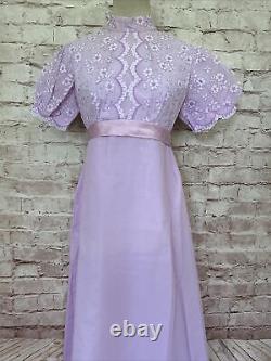 Vintage 60s Handmade Taffeta Lace Empire Waist Maxi Dress Lavender XS Chest 32