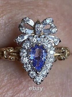 Vintage 9 Ct Gold Tanzanite Diamond Heart Bow Ring Pre Owned Ex Con Not 18 ct