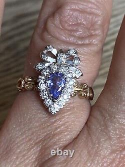 Vintage 9 Ct Gold Tanzanite Diamond Heart Bow Ring Pre Owned Ex Con Not 18 ct