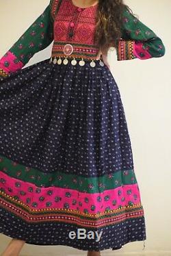 Vintage Afghan Women Handmade Multi color Traditional Long Gown Dress Boho 013