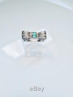Vintage Antique Art Deco Palladium Emerald & Diamond Filigree Bow Ring Size 6.2