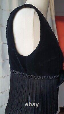 Vintage Antique Stunning Long Midi Flapper Fringe Dress Black UK 8 10 Sleeveless