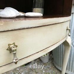 Vintage Bow Fronted Grey Hand Painted Bedside / Side Table With Cupboard Drawer
