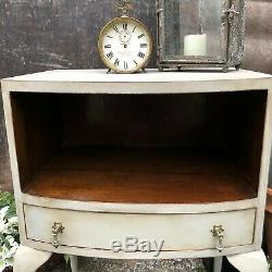 Vintage Bow Fronted Grey Hand Painted Bedside / Side Table With Cupboard Drawer