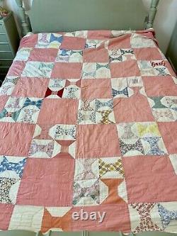 Vintage Bow Tie Handmade Quilt Pink ++ Some Restoration Needed Shabby Chic