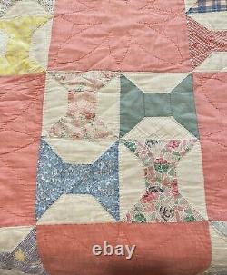 Vintage Bow Tie Handmade Quilt Pink ++ Some Restoration Needed Shabby Chic