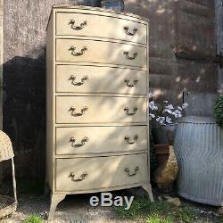 Vintage Country Chic Bow Fronted Grey Painted Mahogany Tallboy Chest of Drawers
