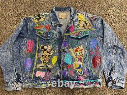 Vintage Edwin Disney Denim Jacket Custom Design Minnie Daisy Jewel 90s Paint