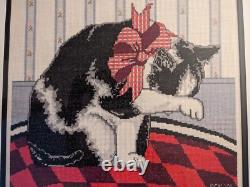 Vintage Handmade Black White Cat in Bow Cross Stitched Framed w Glass 18 X 18