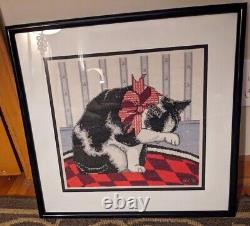 Vintage Handmade Black White Cat in Bow Cross Stitched Framed w Glass 18 X 18