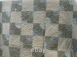 Vintage Handmade Bow Tie Taupe and Hunter Green Quilt 85 x 108