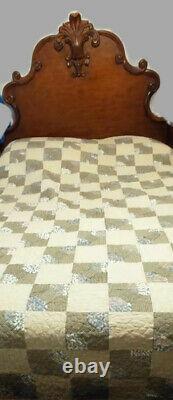 Vintage Handmade Bow Tie Taupe and Hunter Green Quilt 85 x 108