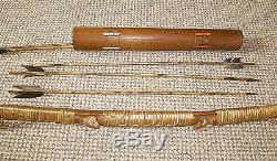 Vintage Indian handmade bamboo hunting bow (6') & quiver and 5 original arrows