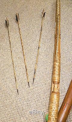 Vintage Indian handmade bamboo hunting bow (6') & quiver and 5 original arrows