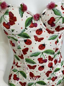 Vintage John Galliano Silk Corset Top Bustier W Whimsical Ladybug Print 32B