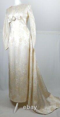 Vintage Mandelle Wedding Dress Gown 1950s Ivory Gold Brocade Train Bow boxed S/M